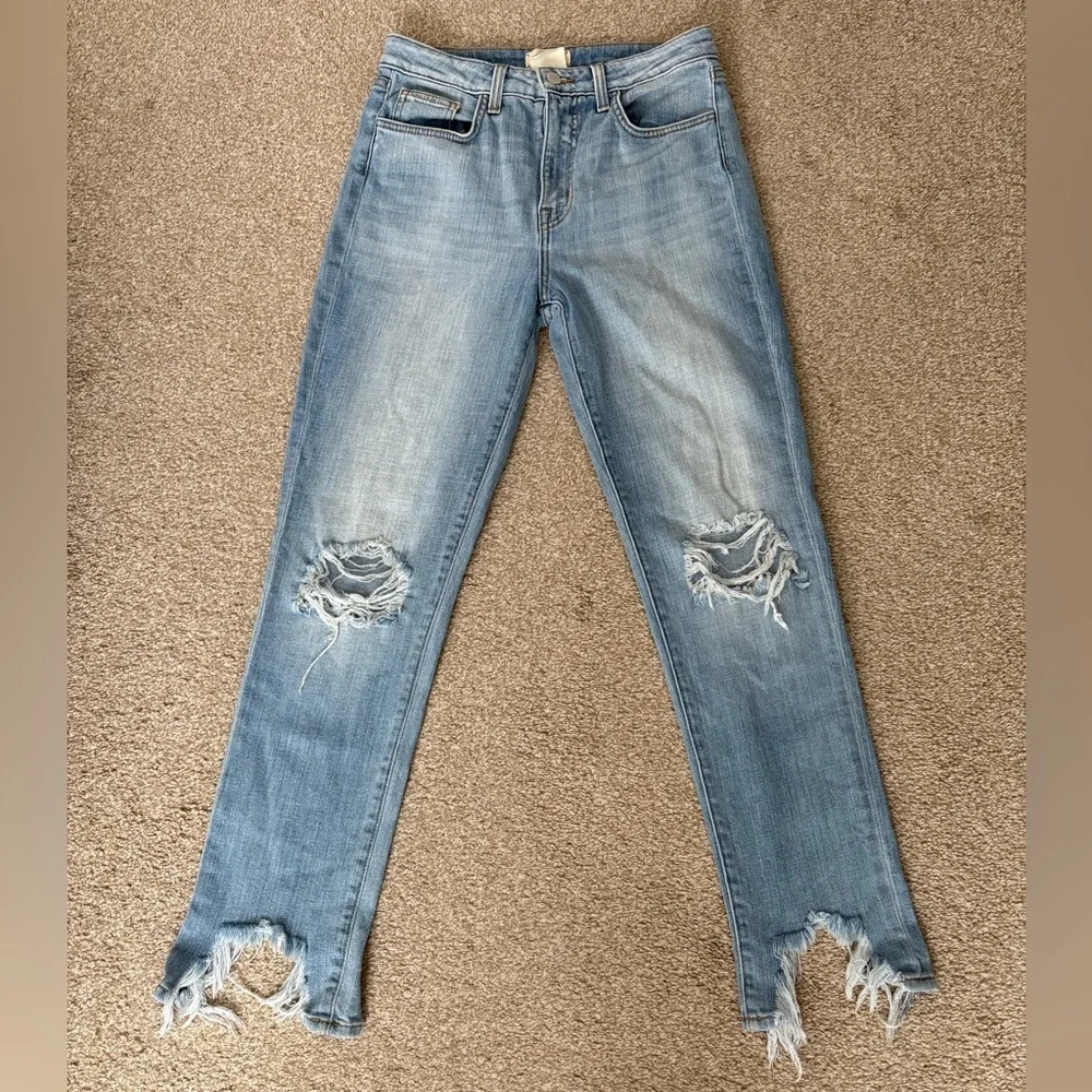 L’AGENCE High Line Distressed Skinny Jeans Classic Braise Chewed Hem Light Wash